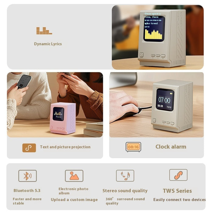 Retro Small Computer Lyrics Speaker Table Clock Wireless Bluetooth Speaker